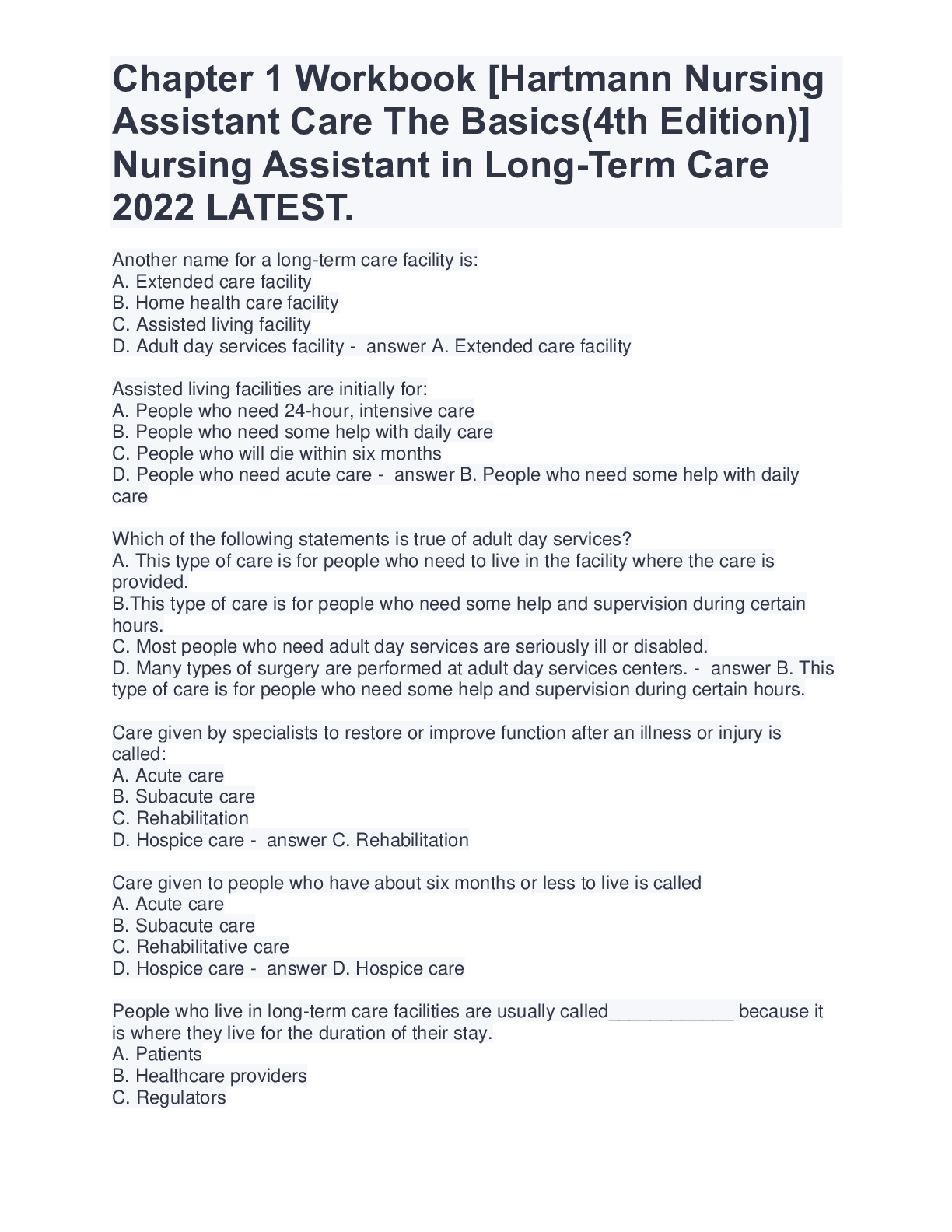 Preview image for Chapter 1 Workbook [Hartmann Nursing Assistant Care The Basics(4th Edition)] Nursing Assistant in Long-Term Care GRADED A.